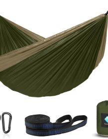 Hammock Camping, Portable Single/Double Hammocks for Outdoor Hiking Travel Backpacking - 210D Nylon Hammock Swing for Backyard & Garden (Green/Khaki)