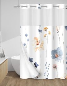 No Hook Shower Curtain with Snap in Liner - Watercolor Floral Shower Curtain - Fabric Waterproof Inner Liner, Plants Blue Beige Flowers White Cloth Shower Curtains Washable, 71 x 74 Inch