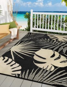Waterproof Outdoor Rug 6x9 ft, Reversible Plastic Straw Mat with Leaf Pattern, Large Floor Mat for Patio, Camping, Picnic, Backyard RV, Deck, Black